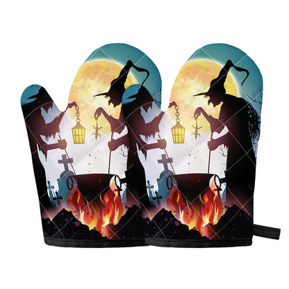 Halloween Witch And Cauldron Print Oven Mitts