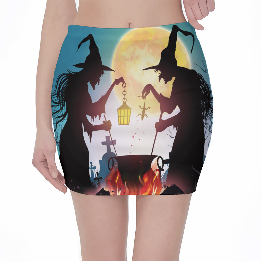 Halloween Witch And Cauldron Print Pencil Mini Skirt