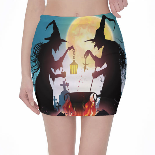 Halloween Witch And Cauldron Print Pencil Mini Skirt