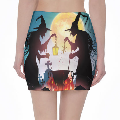 Halloween Witch And Cauldron Print Pencil Mini Skirt