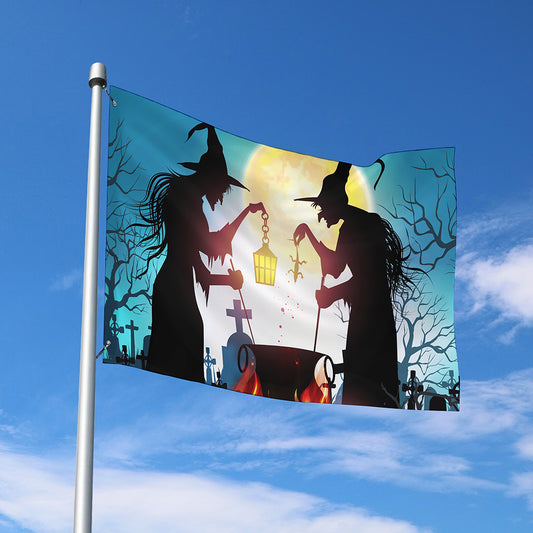Halloween Witch And Cauldron Print Polyester Flag
