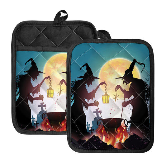 Halloween Witch And Cauldron Print Pot Holders With Pocket