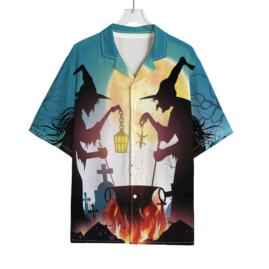 Halloween Witch And Cauldron Print Rayon Hawaiian Shirt