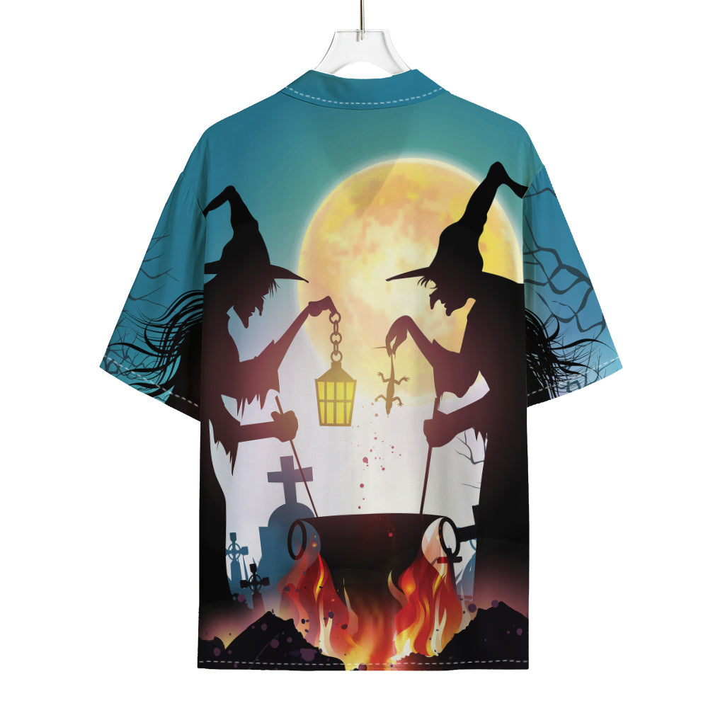 Halloween Witch And Cauldron Print Rayon Hawaiian Shirt