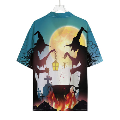 Halloween Witch And Cauldron Print Rayon Hawaiian Shirt