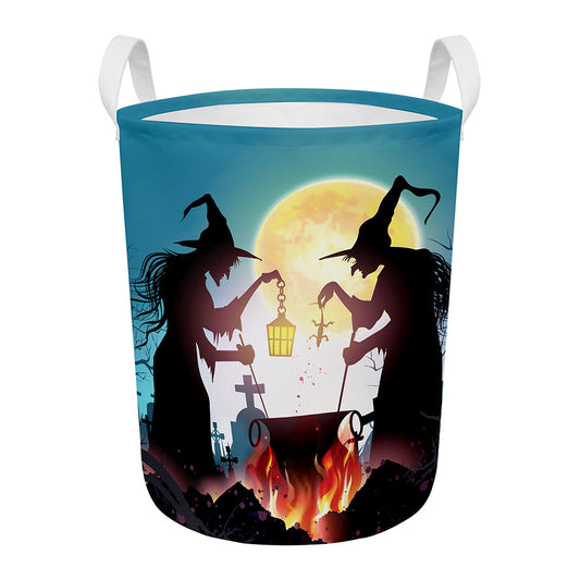 Halloween Witch And Cauldron Print Round Laundry Basket