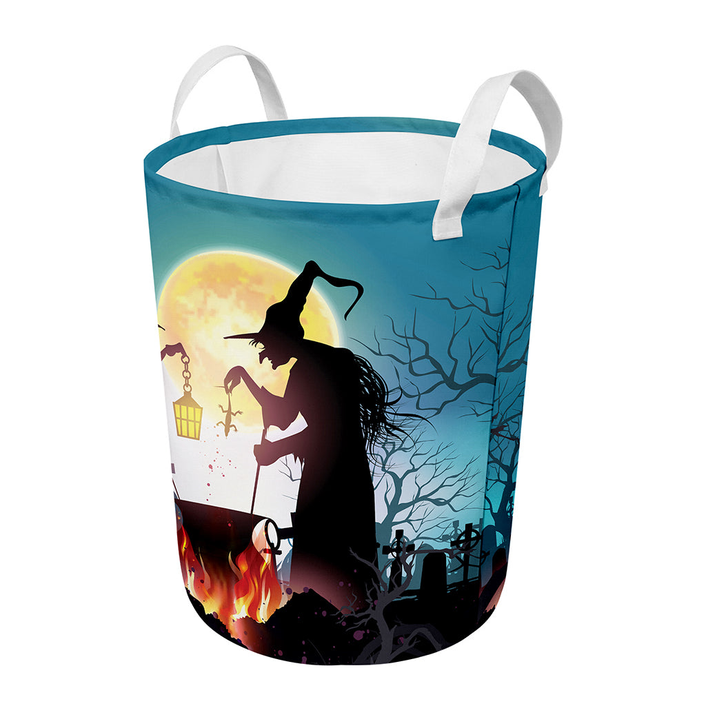 Halloween Witch And Cauldron Print Round Laundry Basket