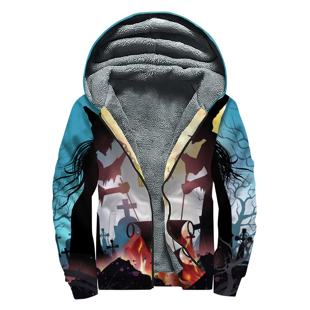 Halloween Witch And Cauldron Print Sherpa Lined Zip Up Hoodie