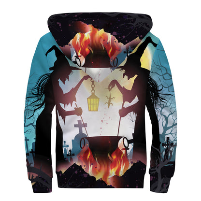 Halloween Witch And Cauldron Print Sherpa Lined Zip Up Hoodie