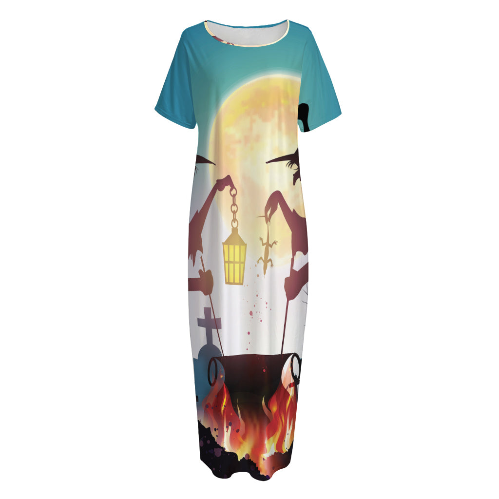 Halloween Witch And Cauldron Print Short Sleeve Long Nightdress