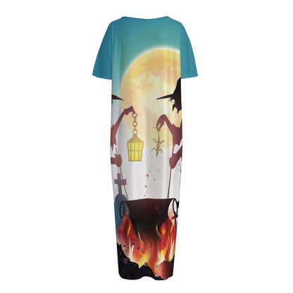 Halloween Witch And Cauldron Print Short Sleeve Long Nightdress