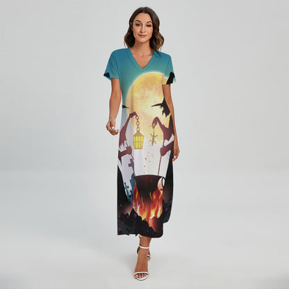 Halloween Witch And Cauldron Print Short Sleeve Maxi Dress