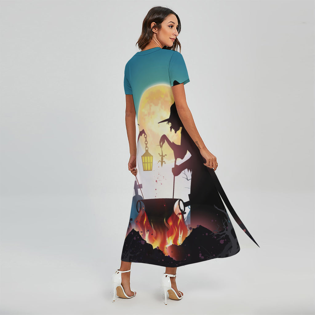 Halloween Witch And Cauldron Print Short Sleeve Maxi Dress
