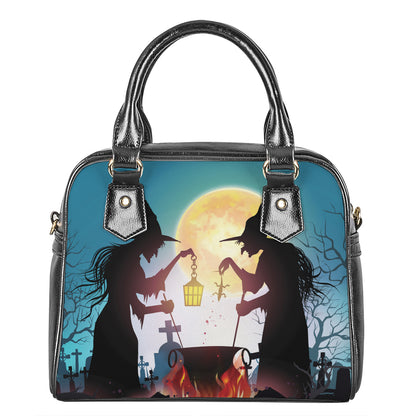 Halloween Witch And Cauldron Print Shoulder Handbag