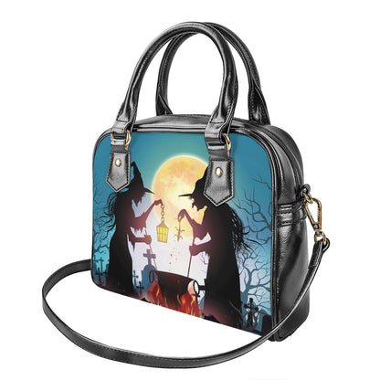 Halloween Witch And Cauldron Print Shoulder Handbag
