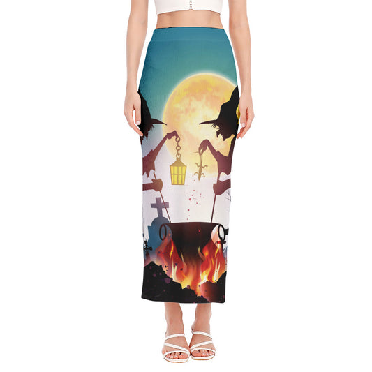 Halloween Witch And Cauldron Print Side Slit Maxi Skirt