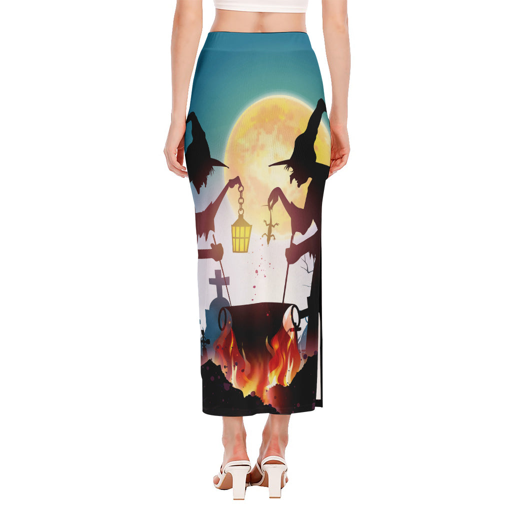 Halloween Witch And Cauldron Print Side Slit Maxi Skirt