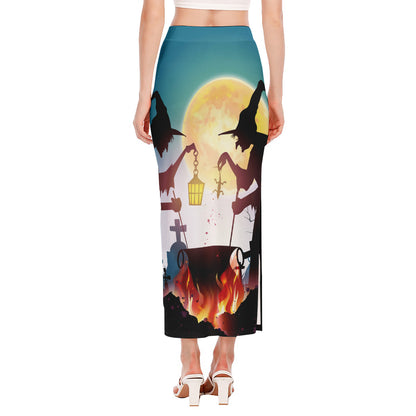 Halloween Witch And Cauldron Print Side Slit Maxi Skirt