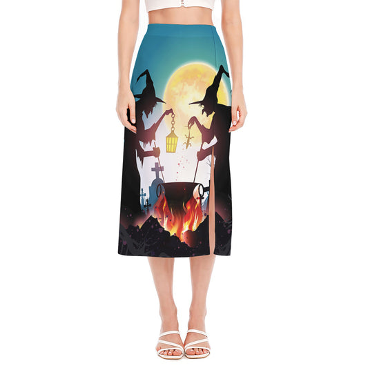 Halloween Witch And Cauldron Print Side Slit Midi Skirt