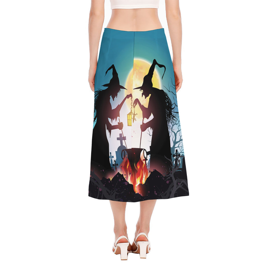 Halloween Witch And Cauldron Print Side Slit Midi Skirt