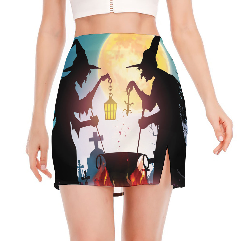 Halloween Witch And Cauldron Print Side Slit Mini Skirt