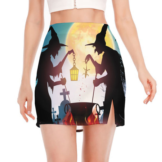 Halloween Witch And Cauldron Print Side Slit Mini Skirt