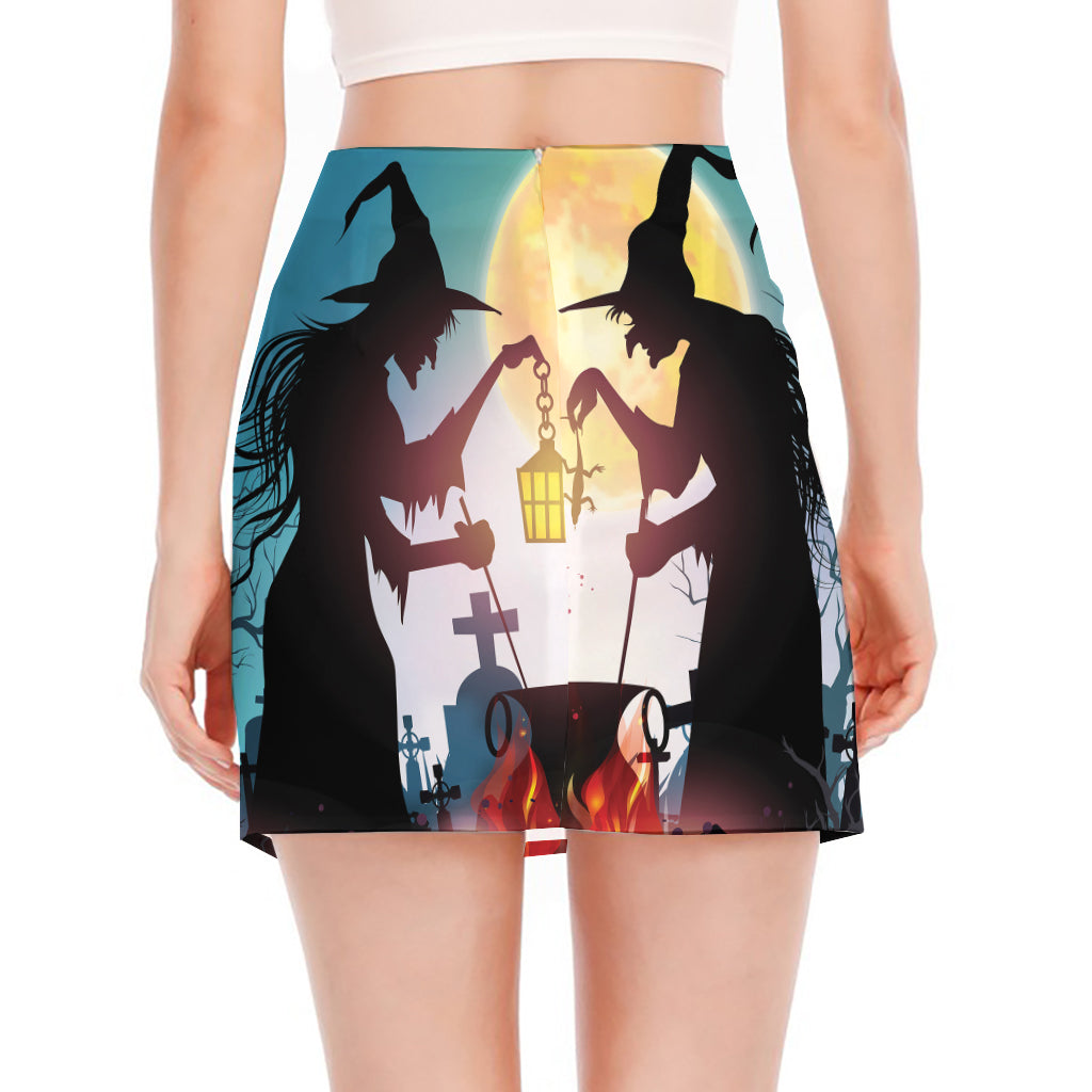 Halloween Witch And Cauldron Print Side Slit Mini Skirt