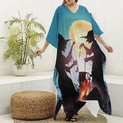 Halloween Witch And Cauldron Print Silk V-Neck Kaftan Dress