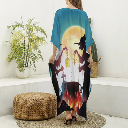 Halloween Witch And Cauldron Print Silk V-Neck Kaftan Dress