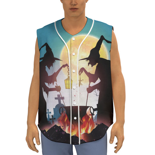 Halloween Witch And Cauldron Print Sleeveless Baseball Jersey
