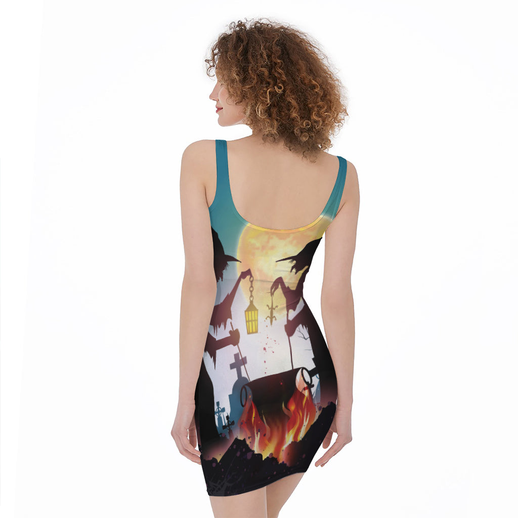 Halloween Witch And Cauldron Print Sleeveless Bodycon Dress
