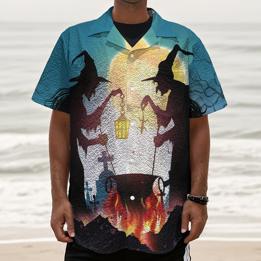 Halloween Witch And Cauldron Print Textured Short Sleeve Shirt