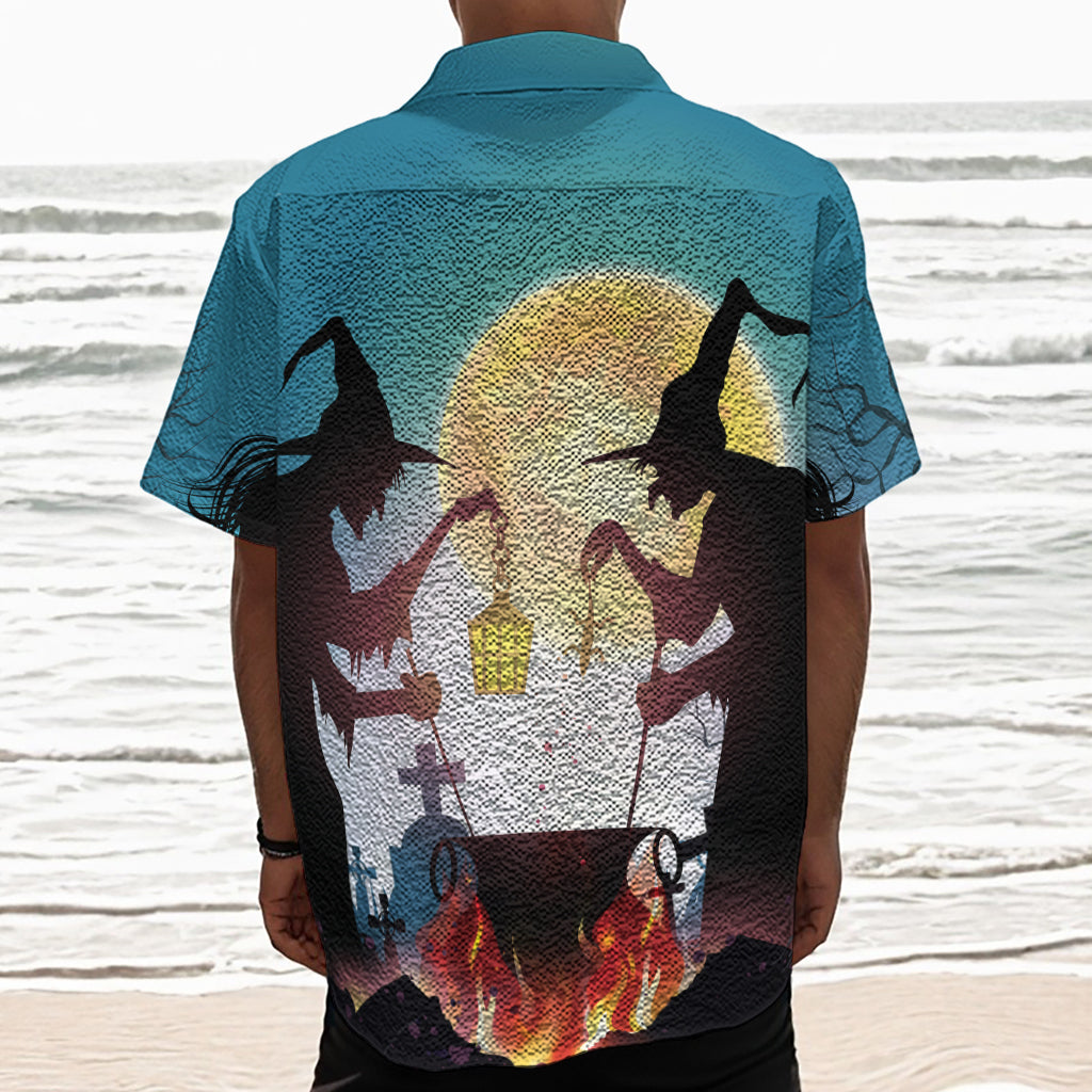 Halloween Witch And Cauldron Print Textured Short Sleeve Shirt
