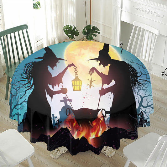 Halloween Witch And Cauldron Print Waterproof Round Tablecloth