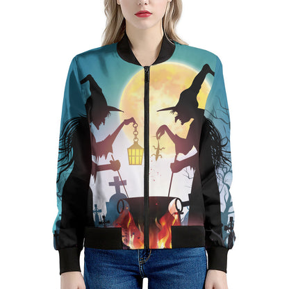 Halloween Witch And Cauldron Print Women's Bomber Jacket