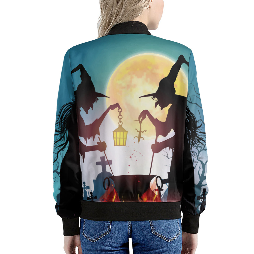 Halloween Witch And Cauldron Print Women's Bomber Jacket