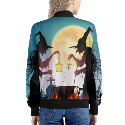 Halloween Witch And Cauldron Print Women's Bomber Jacket
