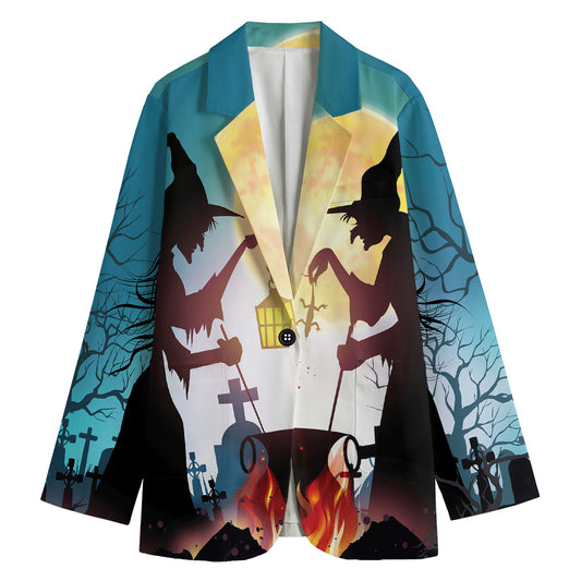Halloween Witch And Cauldron Print Women's Cotton Blazer