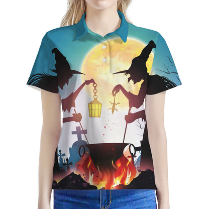 Halloween Witch And Cauldron Print Women's Polo Shirt