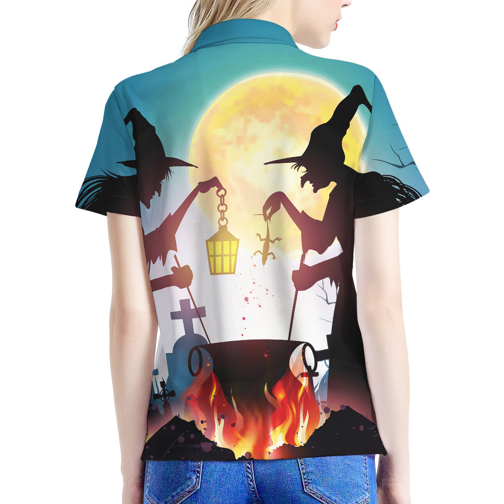 Halloween Witch And Cauldron Print Women's Polo Shirt