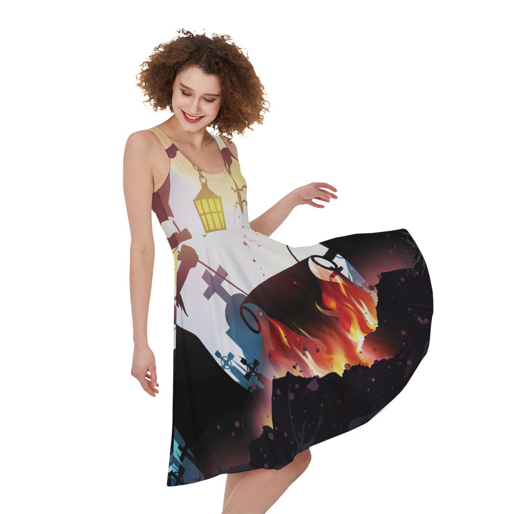 Halloween Witch And Cauldron Print Women's Sleeveless Dress
