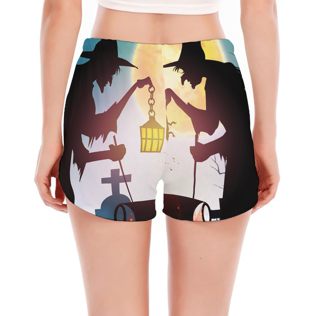 Halloween Witch And Cauldron Print Women's Split Running Shorts