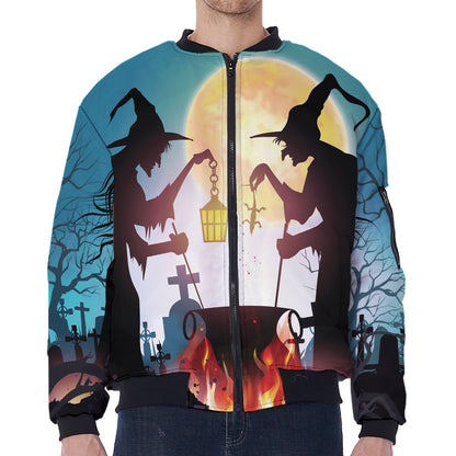 Halloween Witch And Cauldron Print Zip Sleeve Bomber Jacket