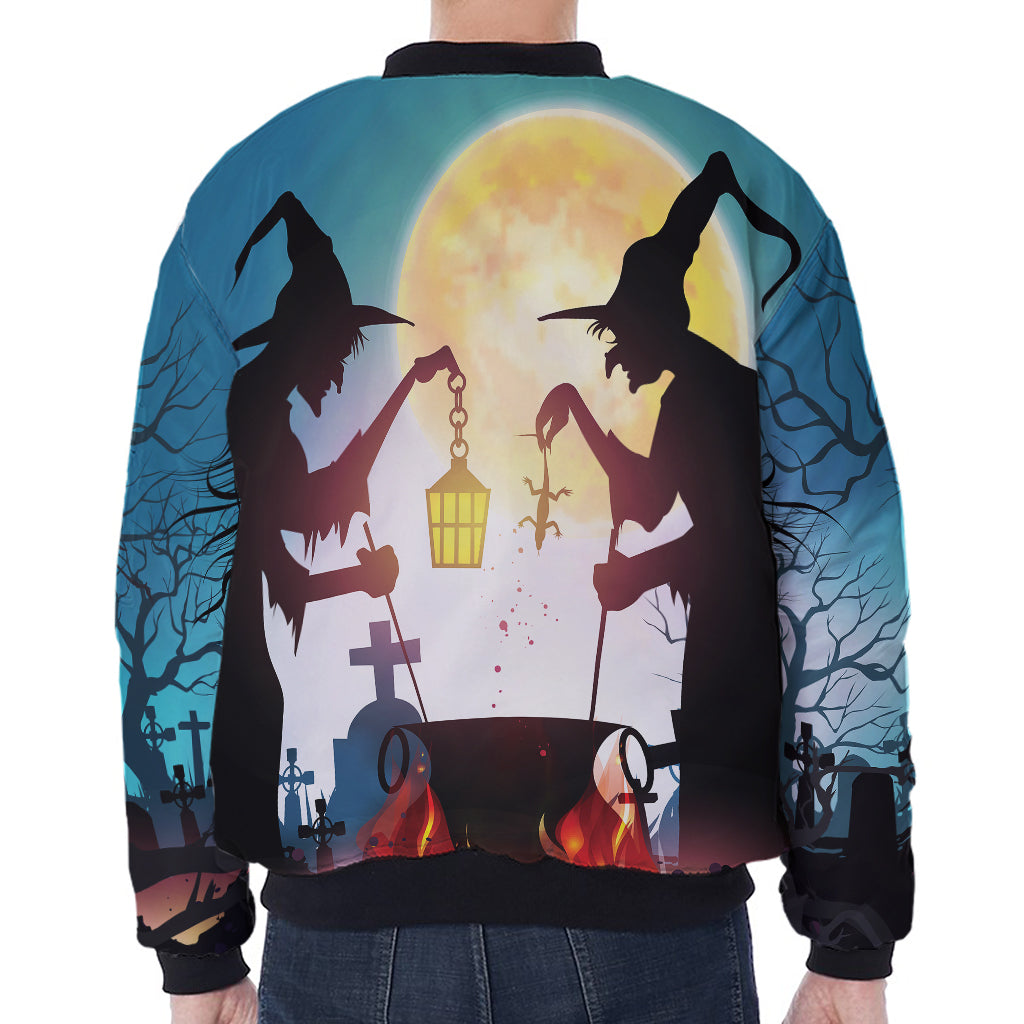 Halloween Witch And Cauldron Print Zip Sleeve Bomber Jacket