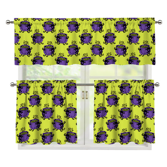Halloween Witch Cauldron Pattern Print 3 Piece Kitchen Curtains