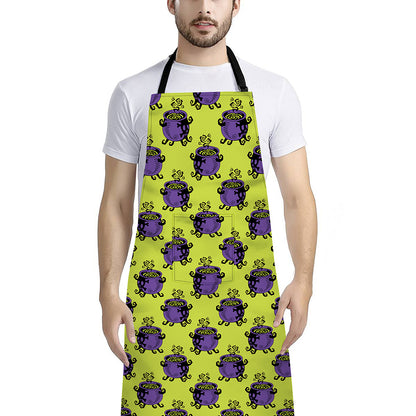 Halloween Witch Cauldron Pattern Print Bib Apron With Pocket