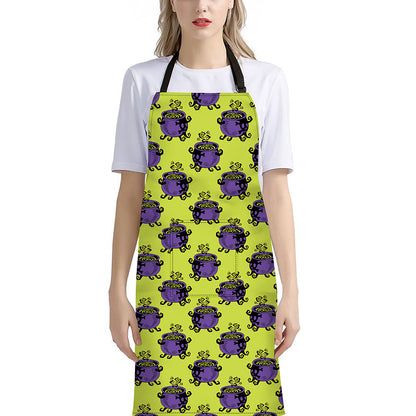 Halloween Witch Cauldron Pattern Print Bib Apron With Pocket