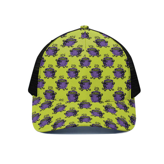 Halloween Witch Cauldron Pattern Print Black Mesh Trucker Cap