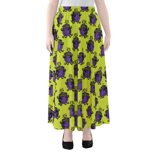 Halloween Witch Cauldron Pattern Print Chiffon Maxi Skirt