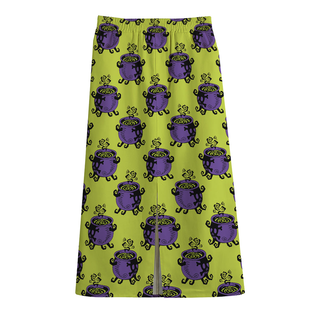 Halloween Witch Cauldron Pattern Print Cotton Front Slit Maxi Skirt